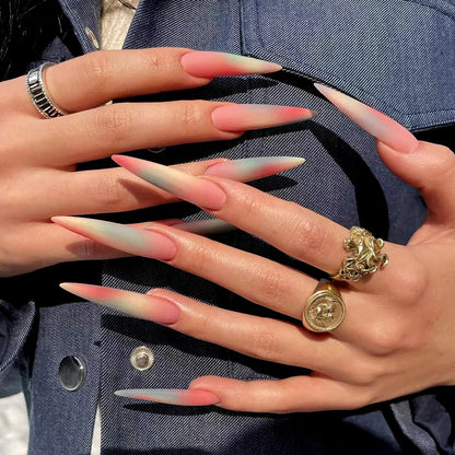Wine Red Fake Nail Tips Long Pointed Head Glossy Press on Nails Wearable Full Cover INS Gradient Color False Nail Tips 24pcs