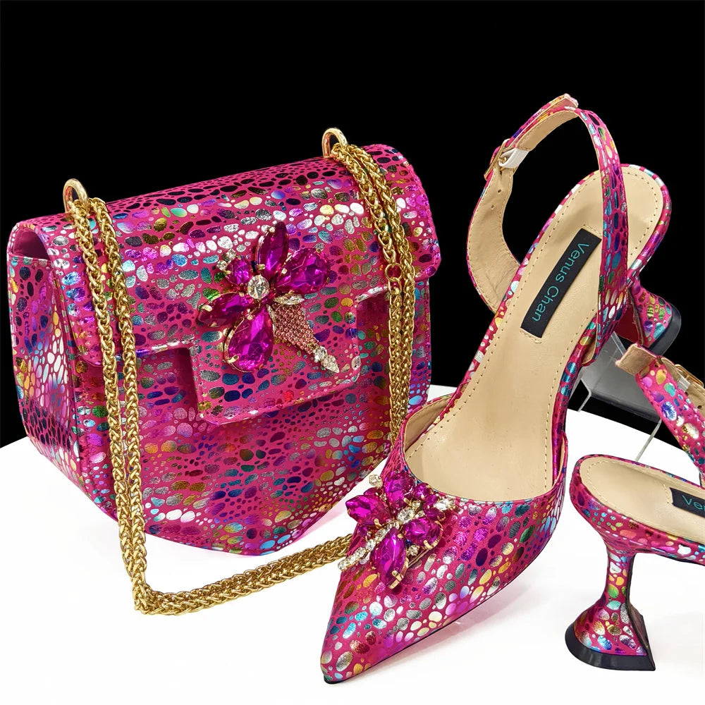 Spring New Arrivals Italian Design Shoes and Bag Set in Colored drawing Color Pointed Toe Comfortable Heels for Party