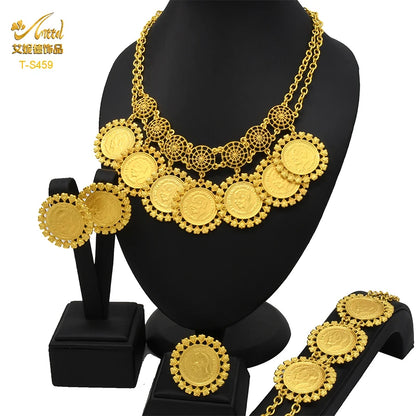 ANIID Dubai Gold Color Coin Necklace Bracelet Jewelry Sets For Women African Ethiopian Bridal Wedding Luxury Jewellery Gifts