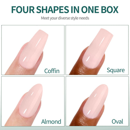 Nailpop Press on Nude Pink 4 Shapes Almond Square Pre Colored 4 in 1 X-coat Tips Pre-applied Tip Primer for Nail Art DIY 112Pcs