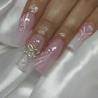 24Pcs Pink Long False Nails with Flower French Design Wearable Fake Nails Flower Rhinestones Full Cover Press on Nail Tip Art