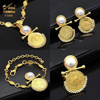 ANIID Coin Dubai Gold Color Jewelry Sets For Women Bridal Pearl Necklace Bracelets Earrings Ring 4Pcs Wedding Collection Set