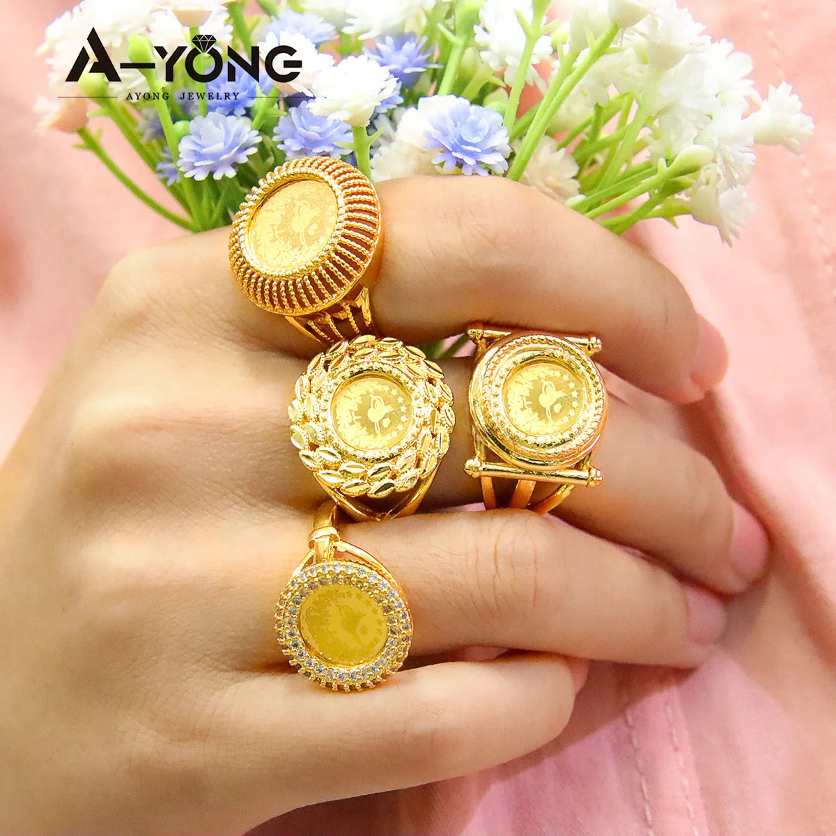 Turkish Coin Gold Rings 18k Gold Plated Zircon Dubai Style for occasions and Party Accessories