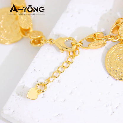 Arab Vintage Bracelet 21k Gold Plated Turkish Totem Coin Round Bangles Hollow Out Women Luxury Wedding Party Daily Jewelry