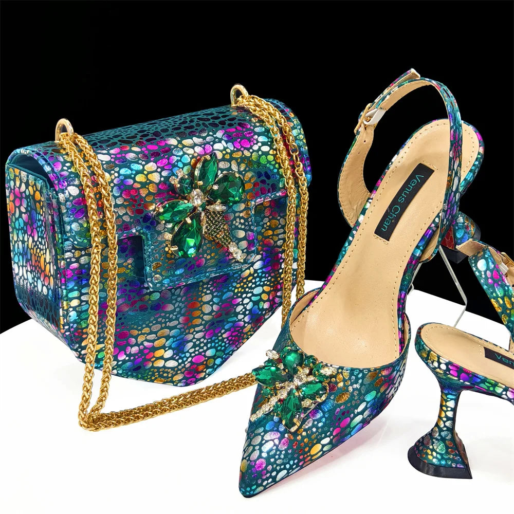 Spring New Arrivals Italian Design Shoes and Bag Set in Colored drawing Color Pointed Toe Comfortable Heels for Party