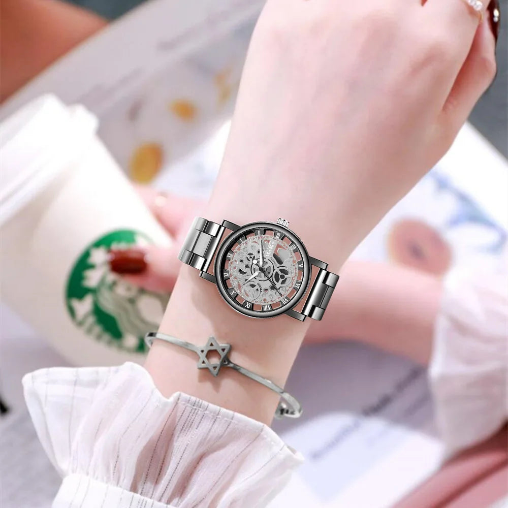 New Fashion Women Hollow Skeleton Faux Mechanical Watch Ladies Metal Mesh Quartz Wrist Watches For Ladies