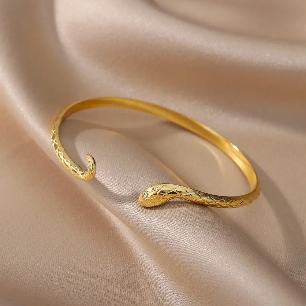 Punk Snake Bangles For Women Open Gold Color Stainless Steel Animal Snake Cuff Bracelets Gothic Party Jewelry Accessories