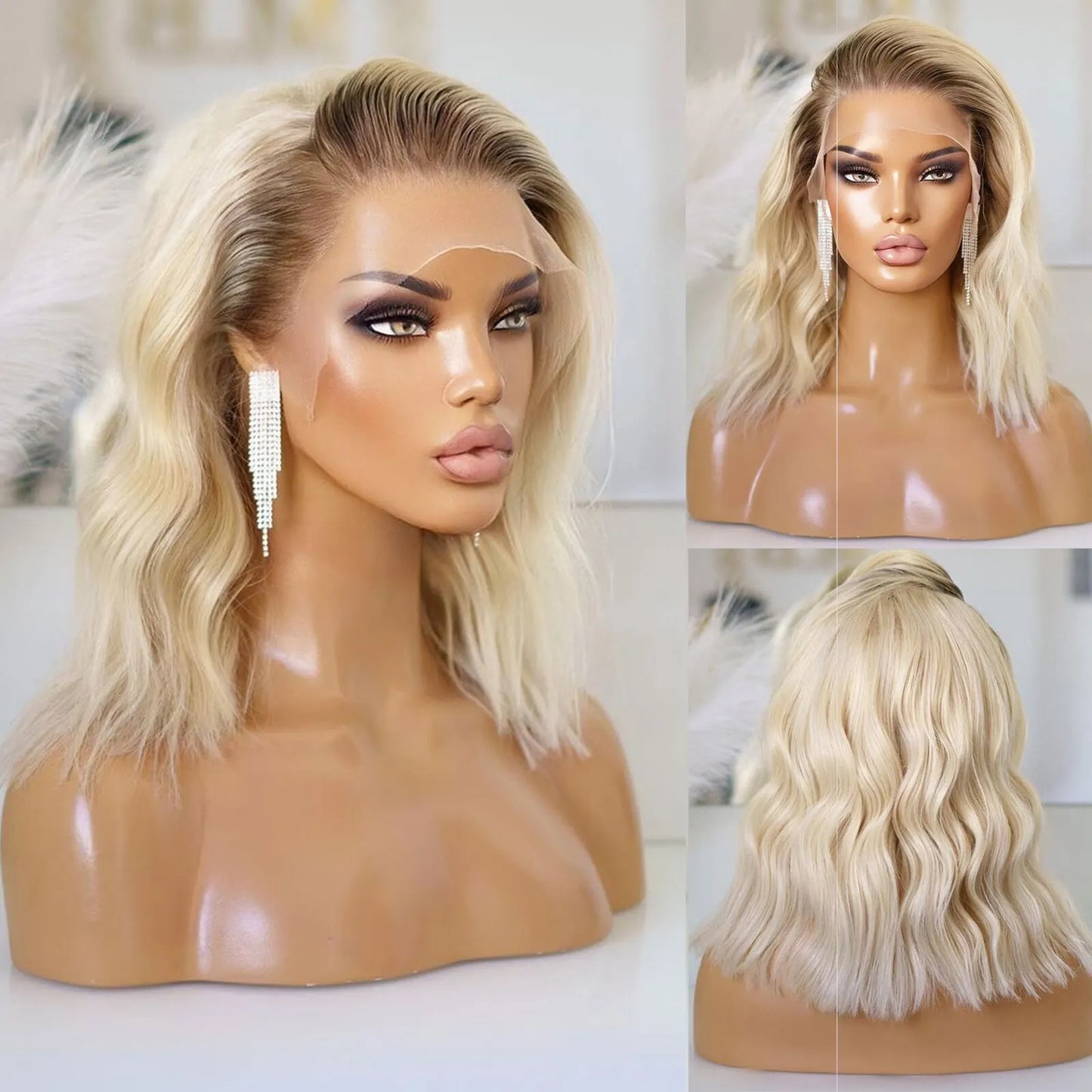 Synthetic Wig Ombre Short Wavy Blonde Lace Front Bob Wigs For Women Cosplay Colored Wig 150% Density Glueless