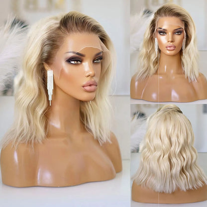 Synthetic Wig Ombre Short Wavy Blonde Lace Front Bob Wigs For Women Cosplay Colored Wig 150% Density Glueless