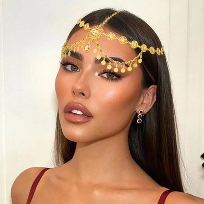 Egyptian Crystal Forehead Headpiece Gold Color Alloy Hollowed Rhinestone Coin Tassel Head Chain Women's Dance Accessories