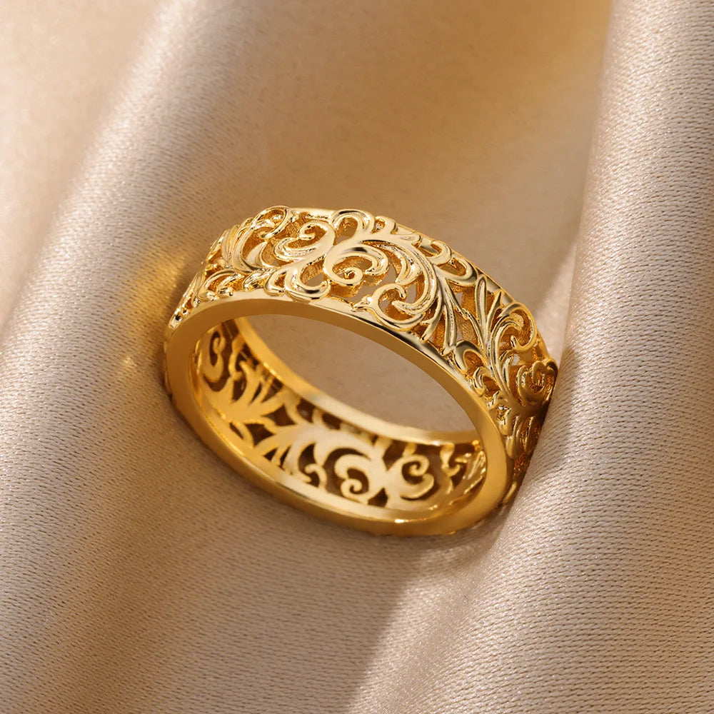 Hollow Flower Rings For Women Gold Color Stainless Steel Ring Female Engagement Wedding Party Finger Jewelry Trend
