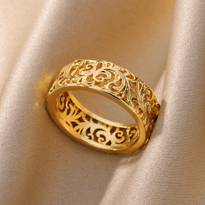 Hollow Flower Rings For Women Gold Color Stainless Steel Ring Female Engagement Wedding Party Finger Jewelry Trend