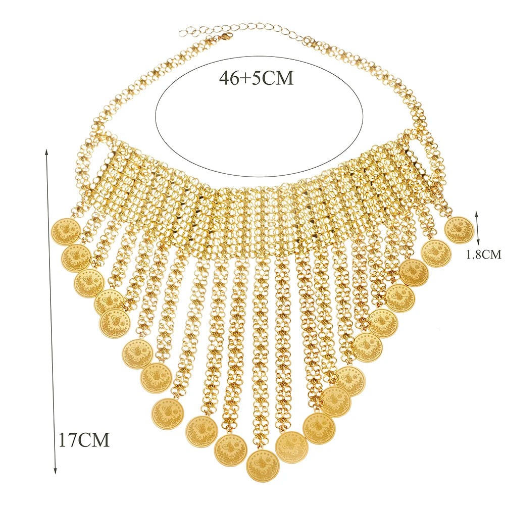 New Tassels Gold Plated Coin Necklace for Women Turkish Bridal Chains Necklaces Ethnic Wedding Jewelry Bride