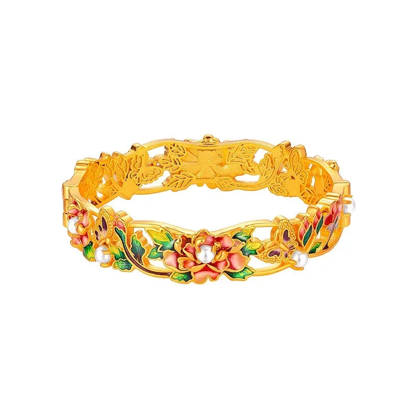 Real 100% Gold 24K Yellow Gold Vintage Enamel Peony Flower Cuff Bracelet for Women Bangles Wedding Fine Jewelry
