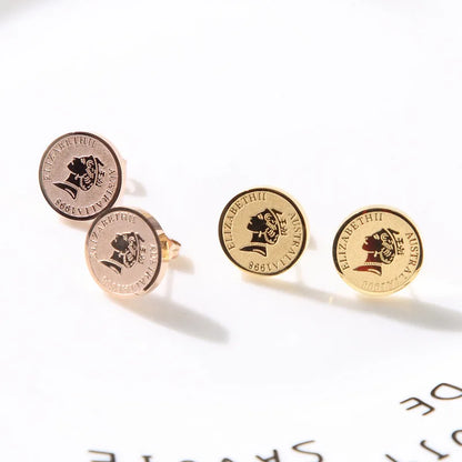 Design Stainless Steel Gold Color Retro Queen Head Coin Stud Earrings- Fashion Party Jewelry