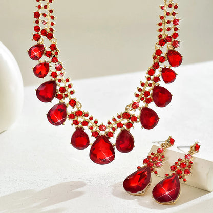 3PC Women's Fashion Trendy Charm Crystal Water Drop Necklace Earrings Jewelry Set for Wedding and Party