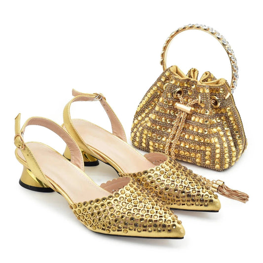 New Fashion Gold Color Shoes and Bags To Match Set Party Women's Wedding Bag and Shoe Set Decorated with Rhinestone