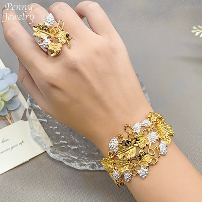 Women Nigerian Design 18K Gold Plated Jewelry Set Necklace Drop Earrings Bracelet Ring Trendy Bridal Wedding Party accessories