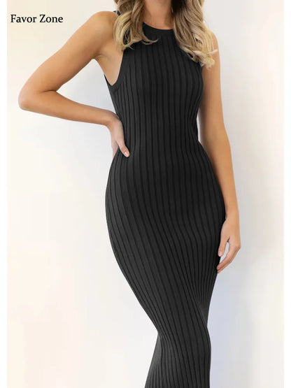 Casual Ribbed Bodycon Long Dresses For Women  Black Sleeveless Basic Knitted Tank Maxi Dress Sexy Split Wrap Dress