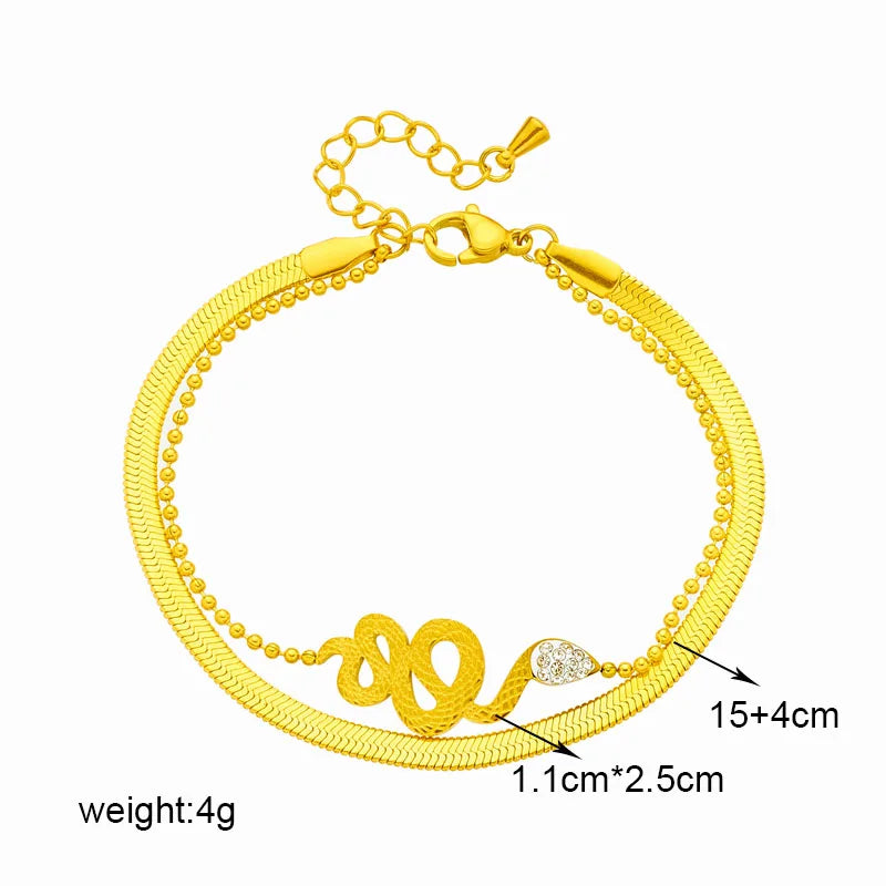 DIEYURO  Stainless Steel Snake Charm Bracelet For Women New Fashion Gold Color 2in1 Wrist Chains Jewelry