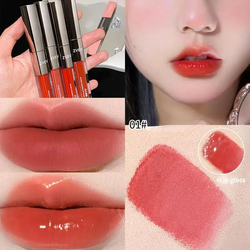 Two-in-one double-ended lip glaze  mirror gloss  matte lip mud  non-stick cup  non-fading  whitening gift