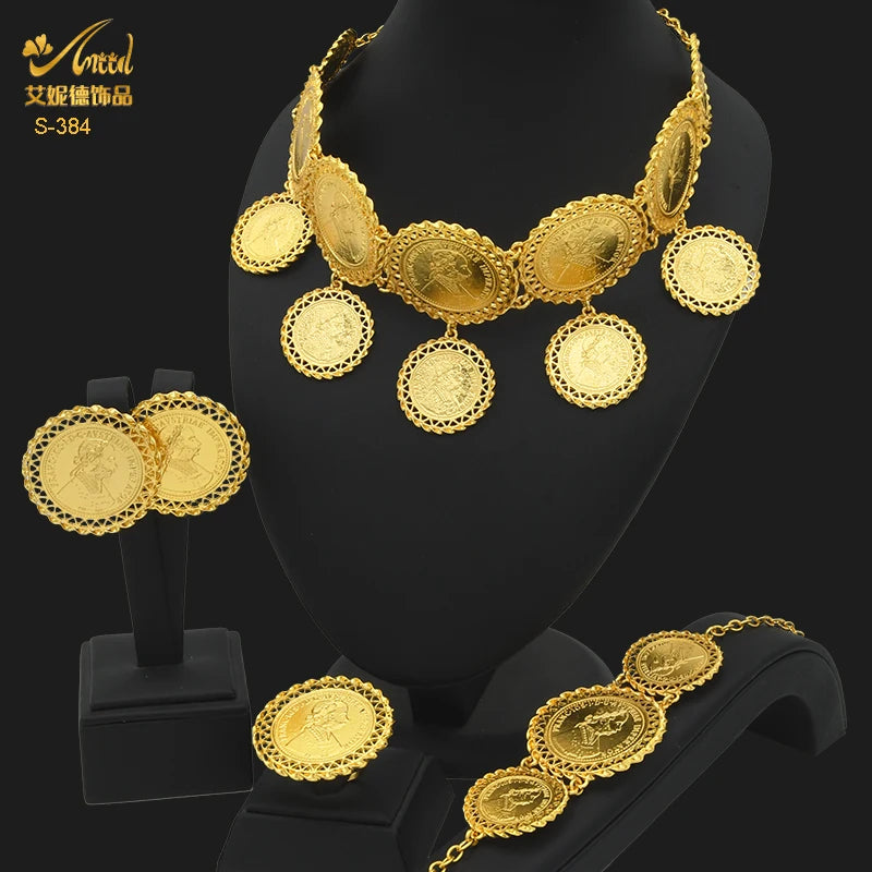 ANIID Dubai Gold Color Coin Necklace Bracelet Jewelry Sets For Women African Ethiopian Bridal Wedding Luxury Jewellery Gifts