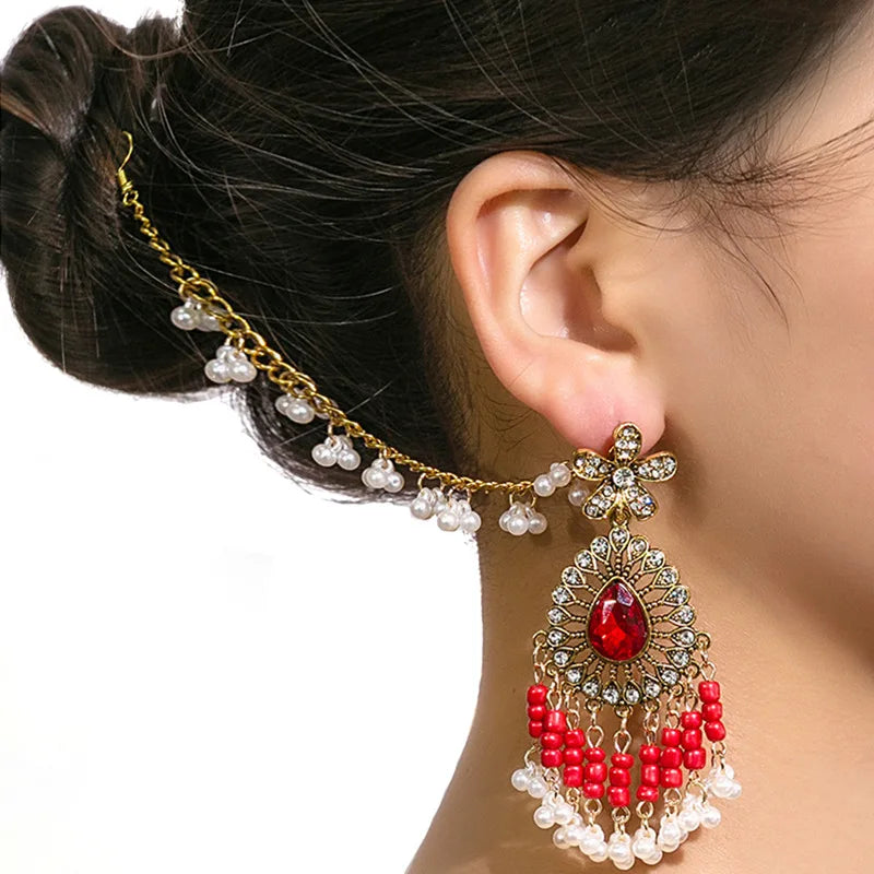 Retro Crystal Flower Indian Earring Link Headdress Jewelry One Piece Pearl Bead Tassel Dangle Earrings Gold Color Bohemia Bijoux