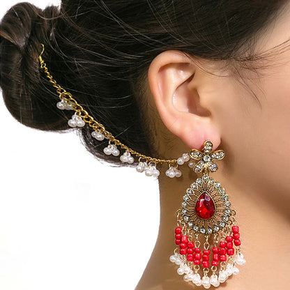 Retro Crystal Flower Indian Earring Link Headdress Jewelry One Piece Pearl Bead Tassel Dangle Earrings Gold Color Bohemia Bijoux