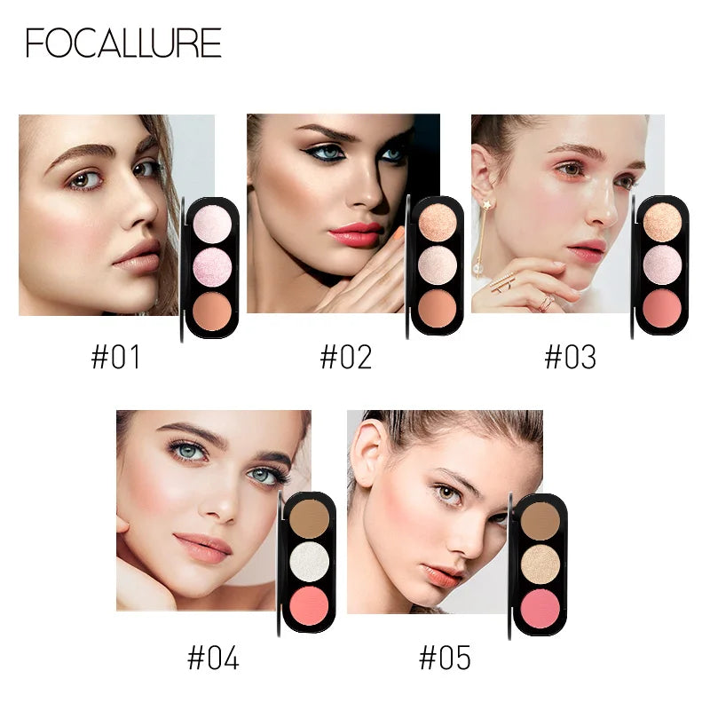 FOCALLURE 3 In 1 Makeup Palette Blush&Highlighter Face Matte Highlighter Powder Illuminated Bronzer Blusher Powder