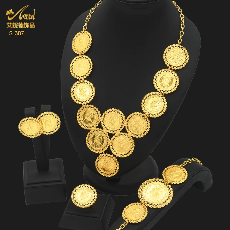 ANIID Dubai Gold Color Coin Necklace Bracelet Jewelry Sets For Women African Ethiopian Bridal Wedding Luxury Jewellery Gifts