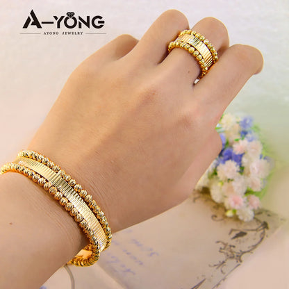 Italian Elegant Gold Bracelet and ring  Set 21k Gold Plated Turkish Bead Openwork Copper Bracelets Ring Luxury Dubai Style Bridal Jewelry