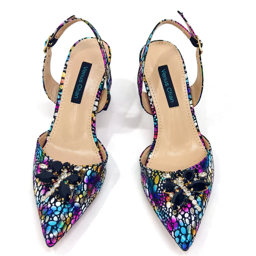 Spring New Arrivals Italian Design Shoes and Bag Set in Colored drawing Color Pointed Toe Comfortable Heels for Party