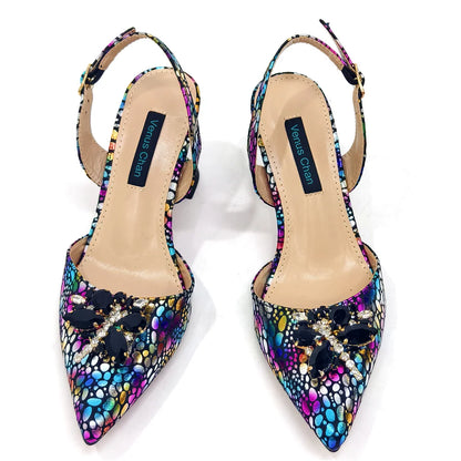 Spring New Arrivals Italian Design Shoes and Bag Set in Colored drawing Color Pointed Toe Comfortable Heels for Party