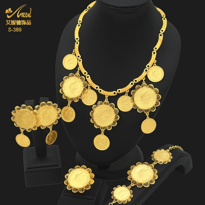 ANIID Dubai Gold Color Coin Necklace Bracelet Jewelry Sets For Women African Ethiopian Bridal Wedding Luxury Jewellery Gifts