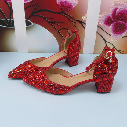 Lovein Crystal  New arrival Red Crystal Women wedding shoes with matching bags Thick Heel High Pumps fashion Ankle Strap shoes and Purse