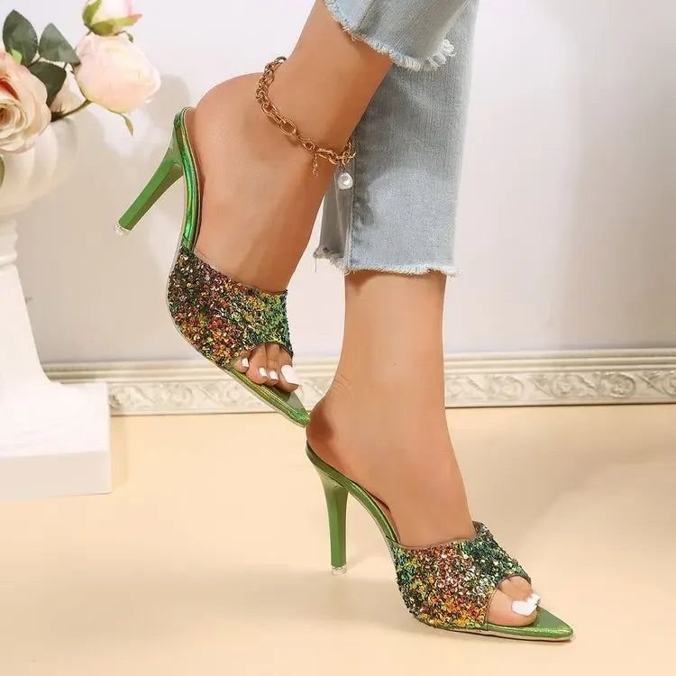 High Heels Slippers Womens Summer New Sexy Open Toe Stilettos Sandals Woman Luxury Sequined Pointed Banquet Party Pumps