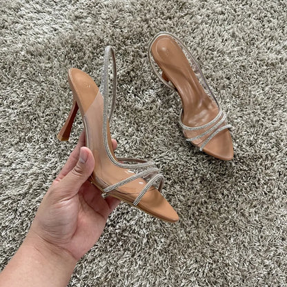 Women Summer Rhinestone Slingback Pumps Office Lady Transparent Heeled Sandals Elegant Pointed Toe Female Sexy High Heels