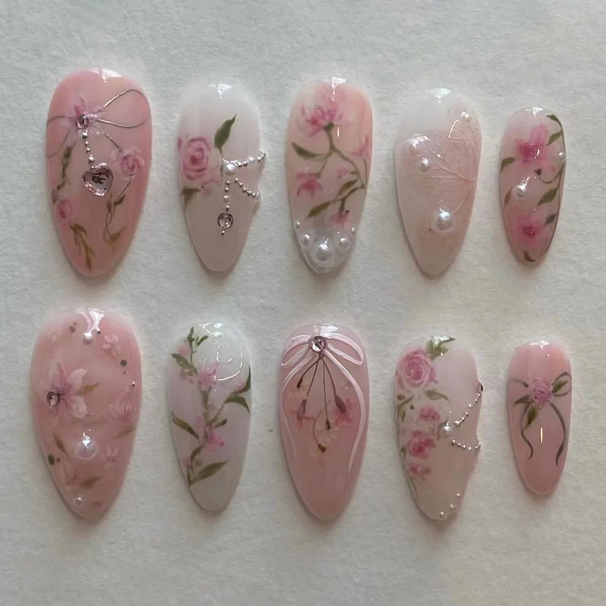 24pcs French Almond Press on Nails Valentine's Day False Nails 3D Bow knot Wearable Stick-on Nails Fake Nail