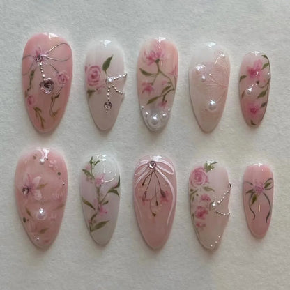 24pcs French Almond Press on Nails Valentine's Day False Nails 3D Bow knot Wearable Stick-on Nails Fake Nail