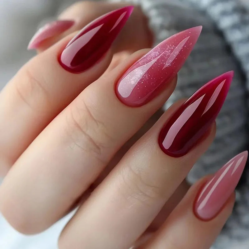 Wine Red Fake Nail Tips Long Pointed Head Glossy Press on Nails Wearable Full Cover INS Gradient Color False Nail Tips 24pcs