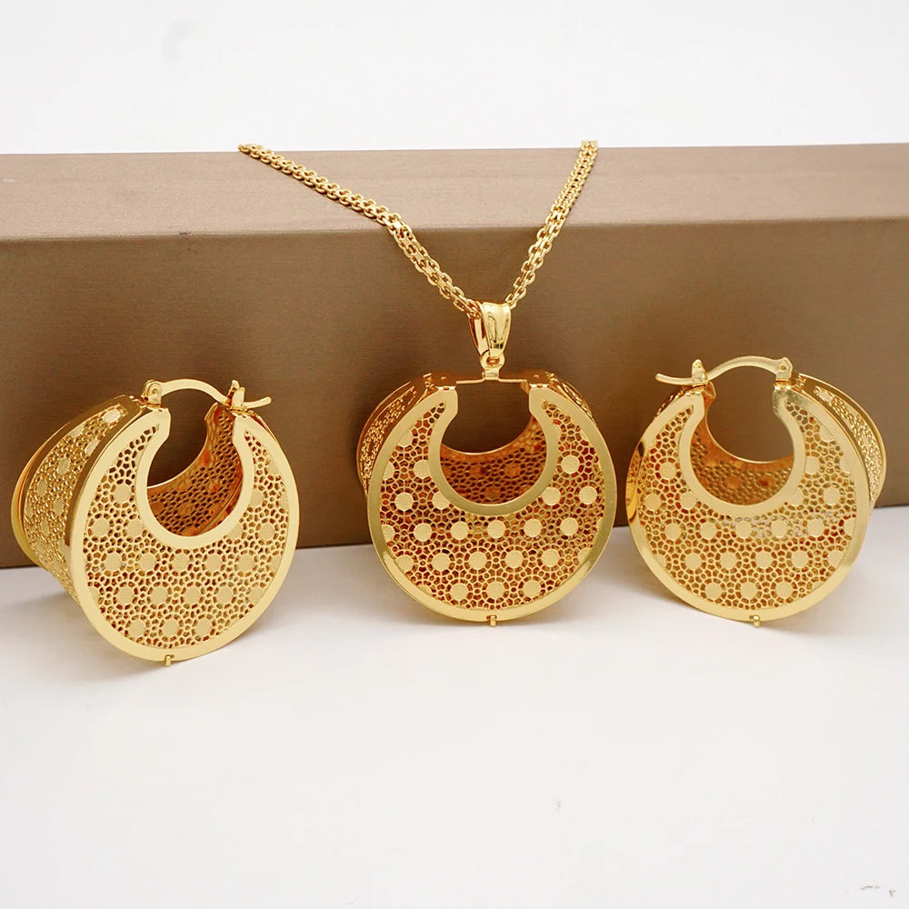 Fashion Dubai Jewelry Sets Gold Color Pendant Copper Classic Earrings Necklace For Women Daily Wear Party Anniversary Gifts