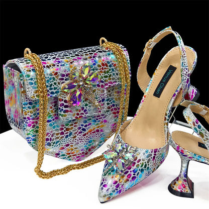 Spring New Arrivals Italian Design Shoes and Bag Set in Colored drawing Color Pointed Toe Comfortable Heels for Party