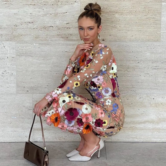 Spring Summer Round Neck Colorful dresses 3D Flower Embroidery Mesh Slim Fit Wrap Hip Fishtail Long lady Dress Lace woman skirt