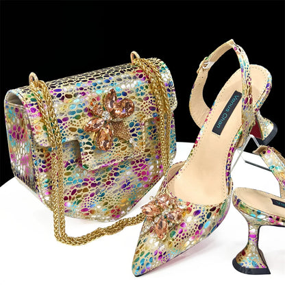 Spring New Arrivals Italian Design Shoes and Bag Set in Colored drawing Color Pointed Toe Comfortable Heels for Party