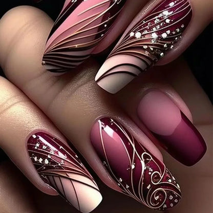 24Pcs Mid-length Ballet False Nails Red Love Pattern Design Press on Nails Simple Wearable Finished Coffin Fake Nail Tips