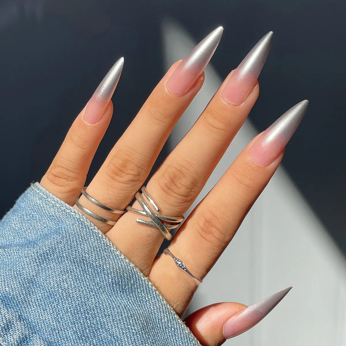 Wine Red Fake Nail Tips Long Pointed Head Glossy Press on Nails Wearable Full Cover INS Gradient Color False Nail Tips 24pcs