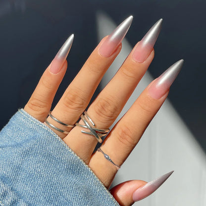 Wine Red Fake Nail Tips Long Pointed Head Glossy Press on Nails Wearable Full Cover INS Gradient Color False Nail Tips 24pcs