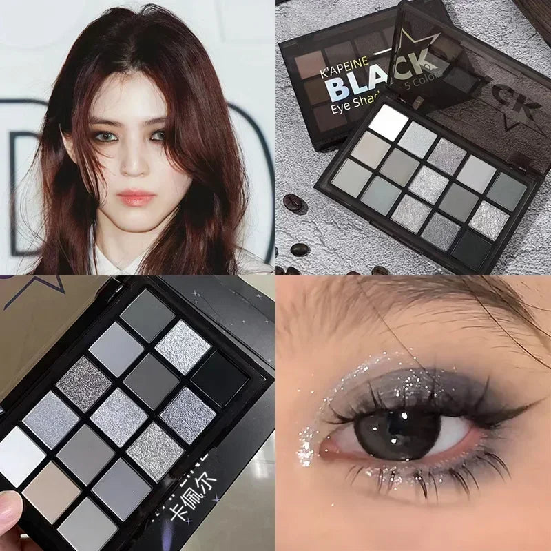 K'apeine 15 Colors Eye shadow Palette Black Smokey Cool Toned Eye Shadow Metal Matte Silver Gray Lasting Eye Shadow Party Makeup