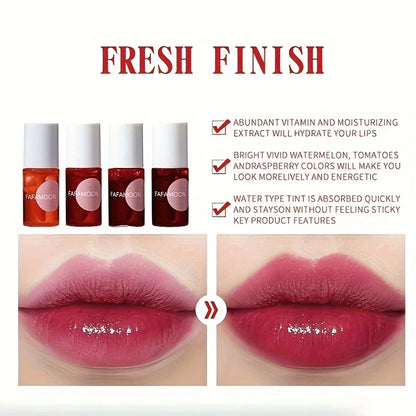 4 color Fruity Lip Tint Water Gloss Tint,Moisturizing Waterproof Liquid Lipstick, Non-Stick,High Pigment,Long-Lasting Colors