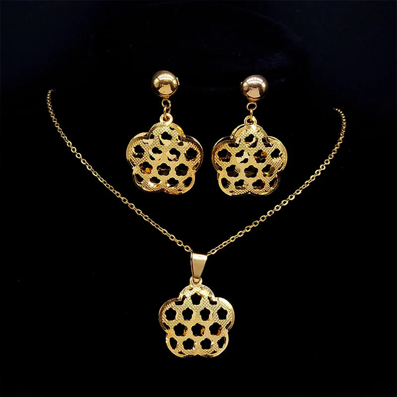 Flower of Life Stainless Steel Jewelry Set Women Hollow Gold Color Necklace Earrings Set Jewelry